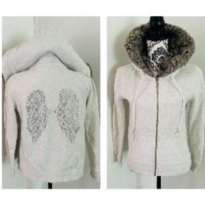 PINK Victoria's Secret VS angel wing bling Zip Hoodie fur trimmed hood grey L